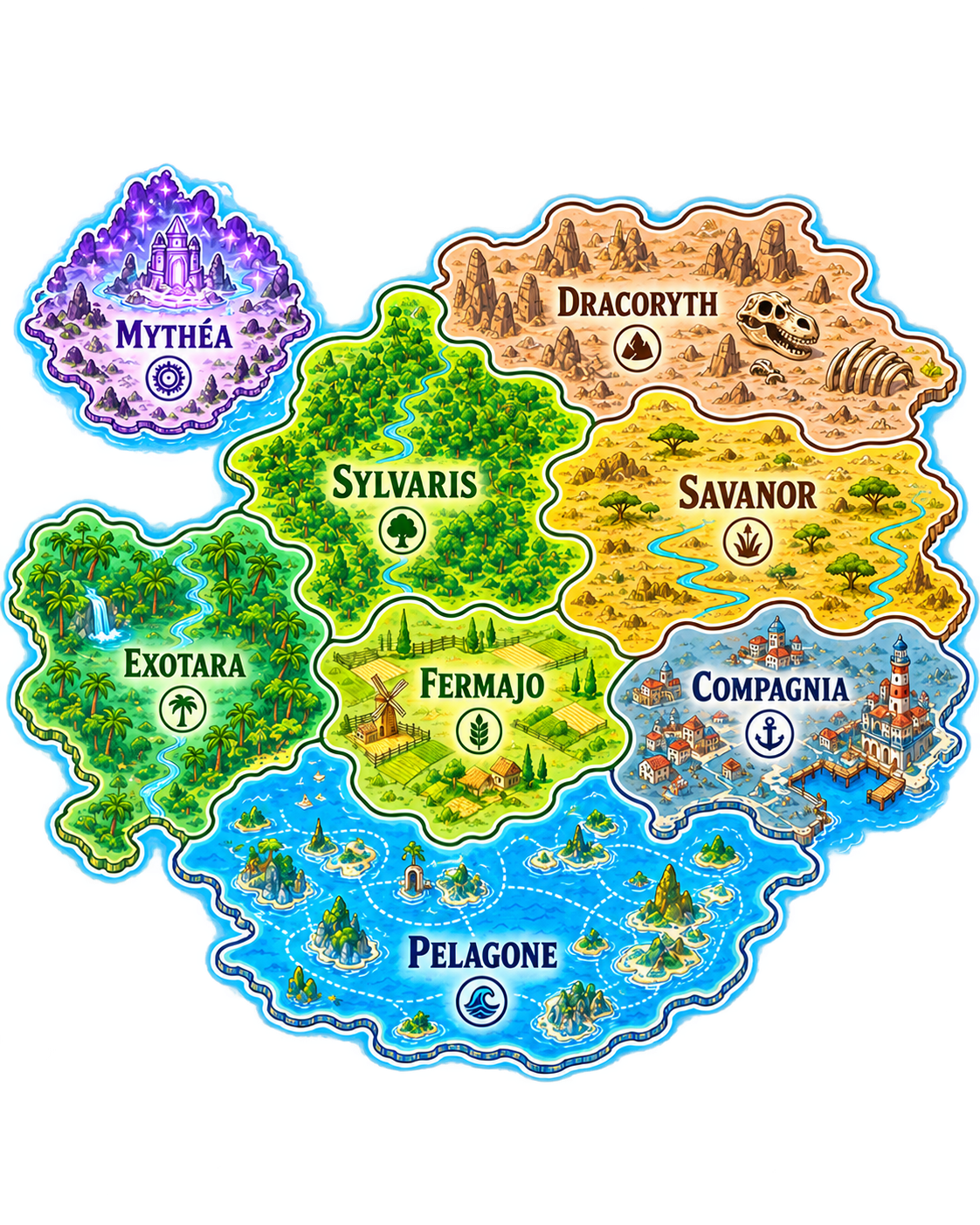 Carte illustrée des 8 mondes du Zaniworld